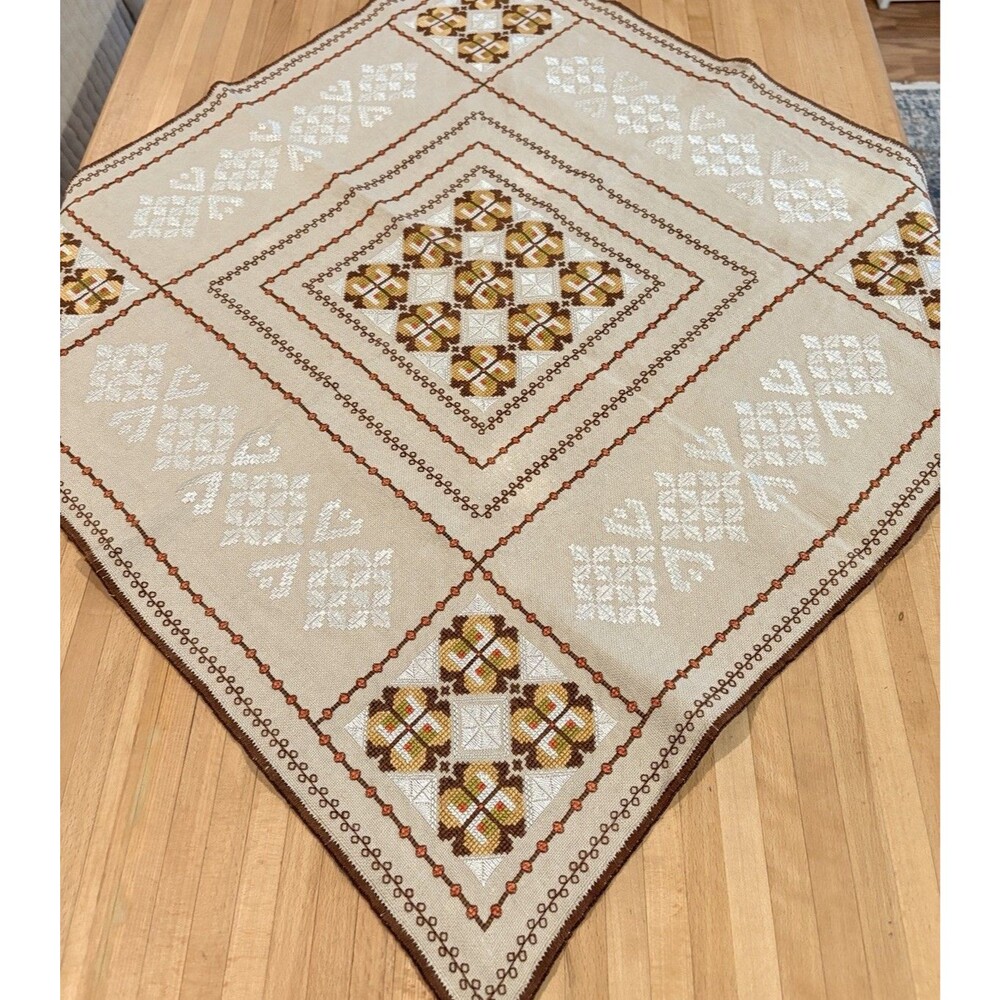Vintage Embroidered Tablecloth Handmade Square 28” Unique Boho Mid-Century